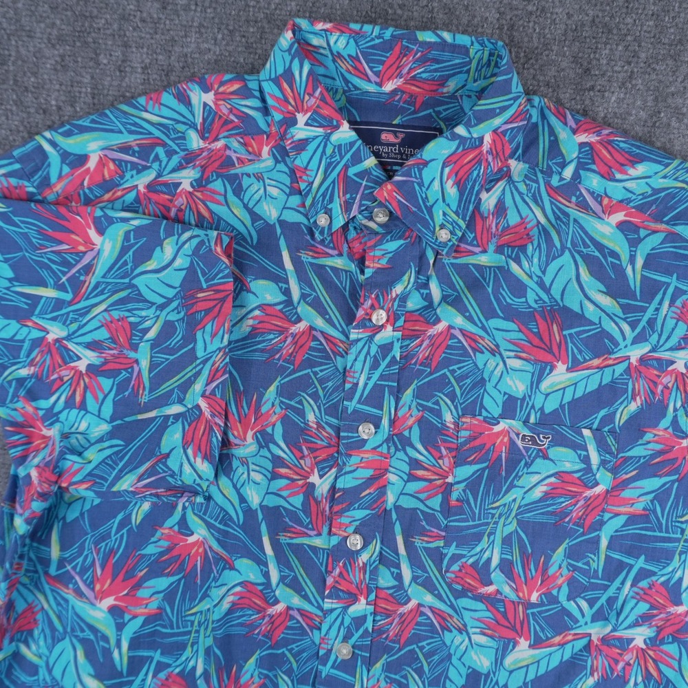Vineyard Vines Tucker Shirt Mens Large Blue Floral Bird of Paradise Short Sleeve